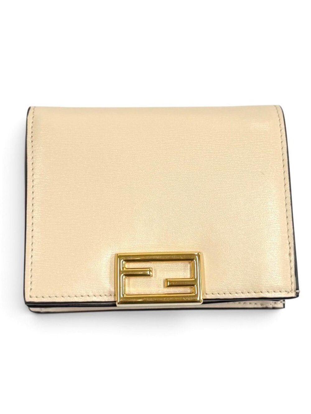 Fendi FF Lining Pecan Leather Small Wallet Bifold Beige Gold